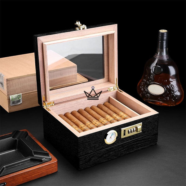 Enigma Moon Humidor — cedar, glass top, secure code, drawer, 30 cigars | Solo or Orion (ashtray, lighter, cutter), Solo