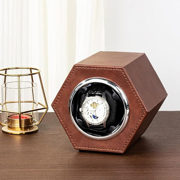 JEBELY HEXAGON Automatic Watch Winder — Interconnectable, 6 Colors, 1 Plug, Classic Brown