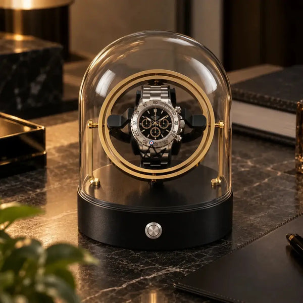Single watch winder under a glass dome with gyroscopic rings - ASTROLABE