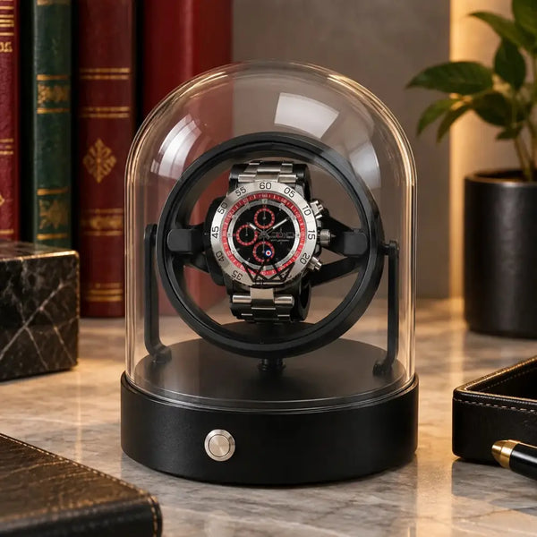 Single watch winder under a glass dome with gyroscopic rings — ASTROLABE, Black rings