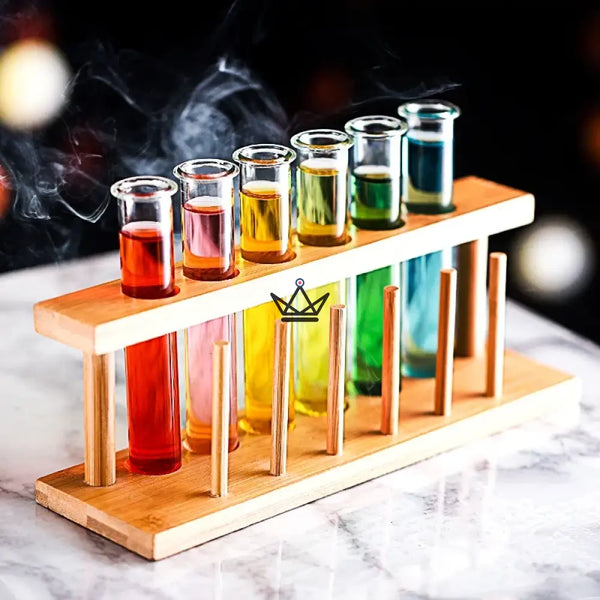 Wooden test tube rack and borosilicate glass test tubes — RETORT, 6 tubes only