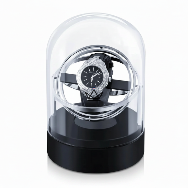 Single watch winder under a glass dome with gyroscopic rings - ASTROLABE