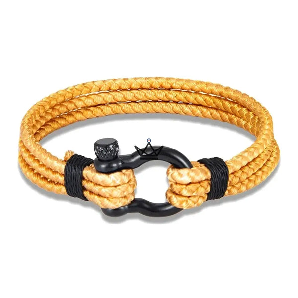 Braided cord bracelet with black steel marine shackle — BOSCO, Camel / S