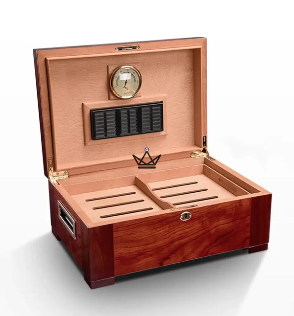 Aura Cedar Humidor — rosewood & abalone, 100 cigars, adjustable cedar dividers, gold lock – 3/8