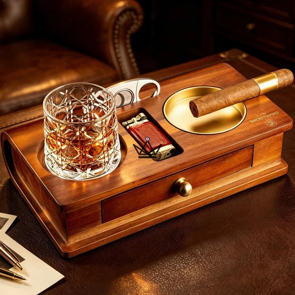 Solid Wood Cigar Ashtray with Whisky Slot and Drawer - Whisky Butler