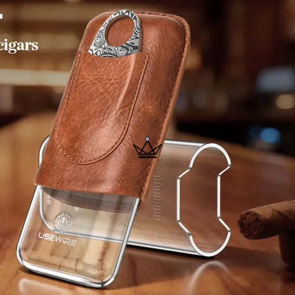 Vanguard Cigar Case — Genuine Leather & Transparent HD Acrylic, 3 Cigars, Double-Blade Cigar Cutter Included, Black or Brown