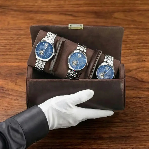 Customizable Leather Travel Watch Case for 1 to 4 Watches — Voyageur CAPSULE, Trio — 3 watches