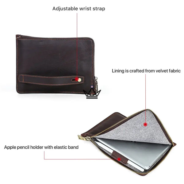 Customizable leather zippered iPad mini sleeve with wrist strap — Voyageur OPUS – 6/11