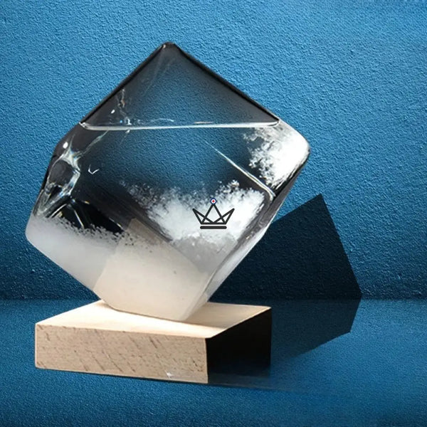 Glass cube storm glass barometer on wooden base - FROST