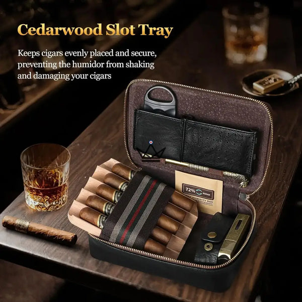 Magyars Wood Cigar Case — 5-cigar cedar tray, double-bladed cigar cutter, dragon head needle & Boveda 72% kit – 5/12