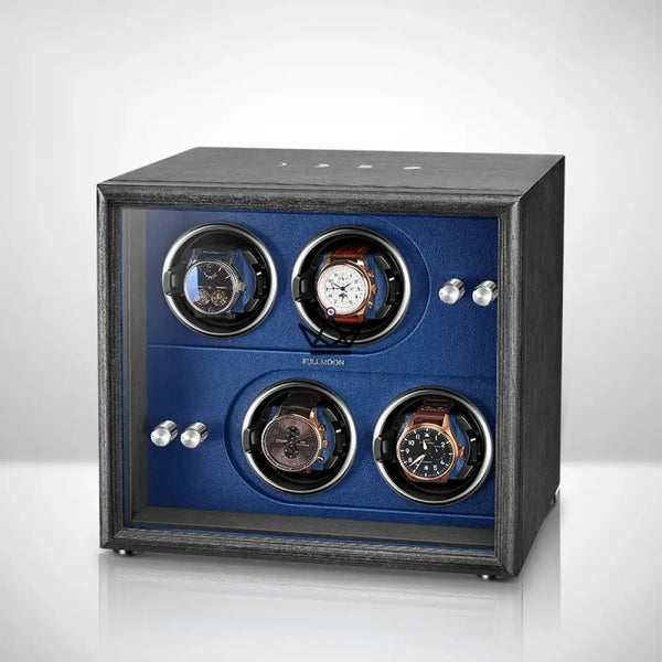 Automatic Watch Winder FULL MOON — Moon Phases, LED, Anti-Magnetic, 2 or 4 Watches, 4 Pitches / Blue