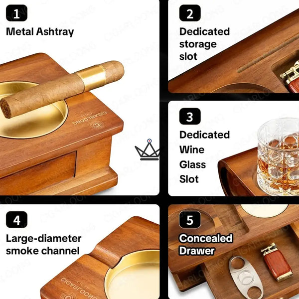 Solid Wood Cigar Ashtray with Whisky Slot and Drawer - Whisky Butler