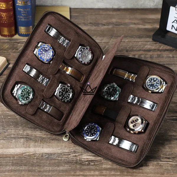 Customizable Travel Watch Case – Voyageur Keeper — Full Grain Leather, 4 Sizes: 2 to 8 Watches, 8 Watches