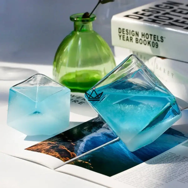 Glass cube storm glass barometer on wooden base - FROST