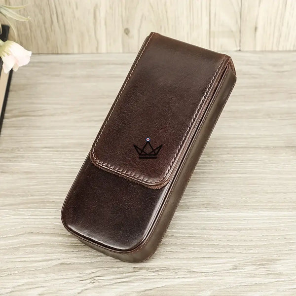 Customizable 3-pen leather case with removable tray — TERCET Traveler, Oily coffee