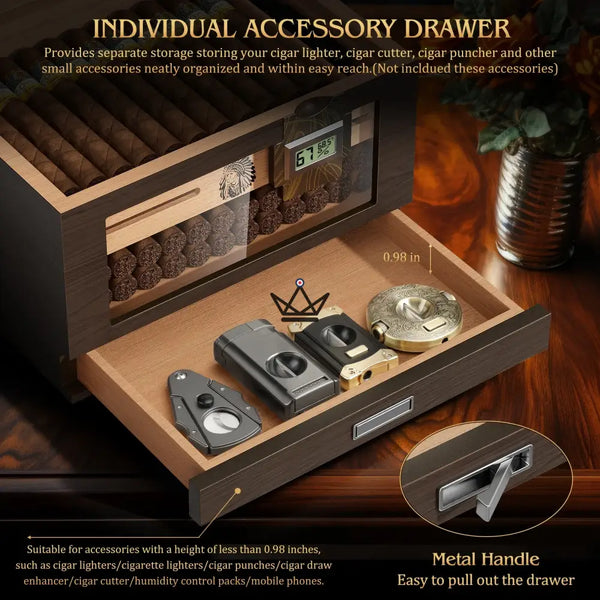 Dominion Heritage Cigar Humidor — Spanish Cedar, Glass Top, 80 Cigars, 2 Digital Hygrometers, 2 Gel Humidifiers & 3 Travel Tubes – 5/8