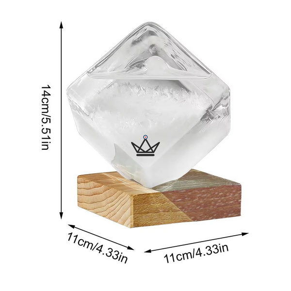 Glass cube storm glass barometer on wooden base - FROST
