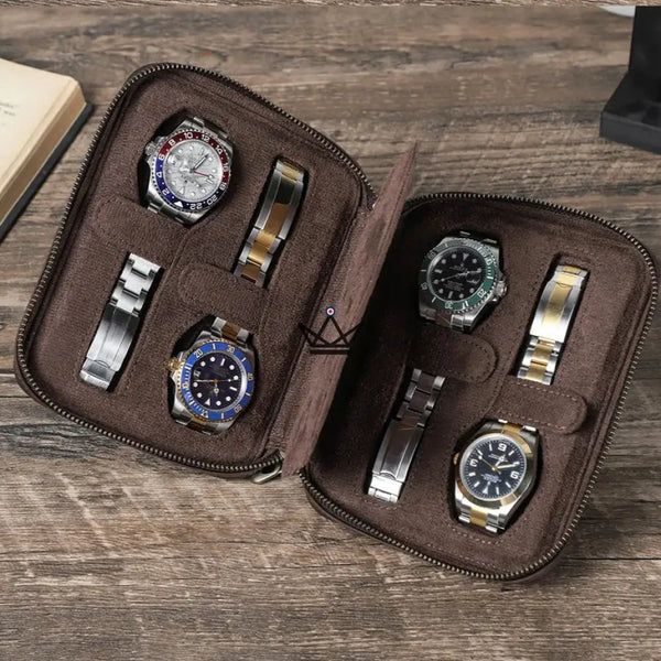 Customizable Travel Watch Case – Voyageur Keeper — Full Grain Leather, 4 Sizes: 2 to 8 Watches, 4 Watches