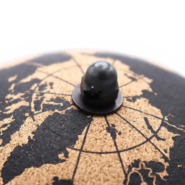 Cork globe with pins on a metal stand, 14.5 cm world map — PÉRIPLE – 4/9