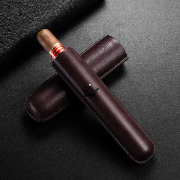 Telescopic cowhide leather single cigar case — SOLITAIRE, Bordeaux
