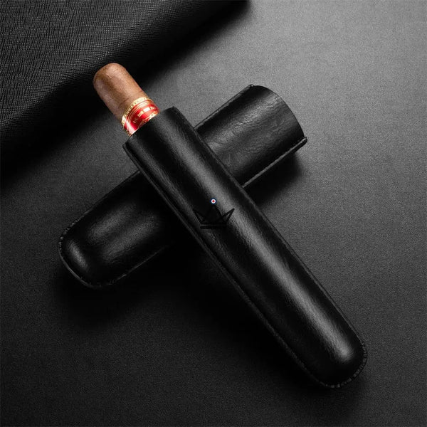 Telescopic cowhide leather single cigar case — SOLITAIRE, Black