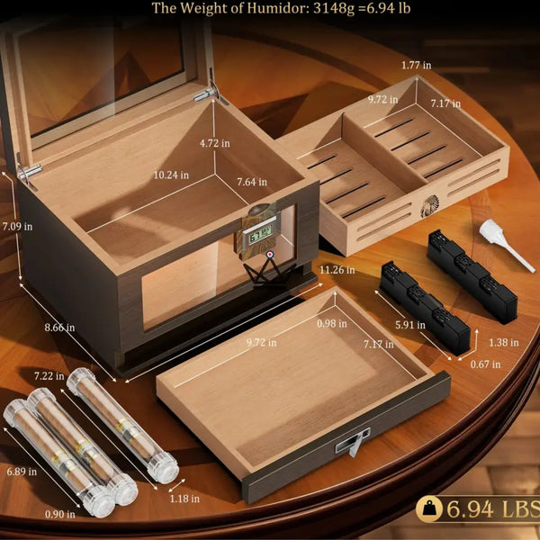 Dominion Heritage Cigar Humidor — Spanish Cedar, Glass Top, 80 Cigars, 2 Digital Hygrometers, 2 Gel Humidifiers & 3 Travel Tubes – 4/8
