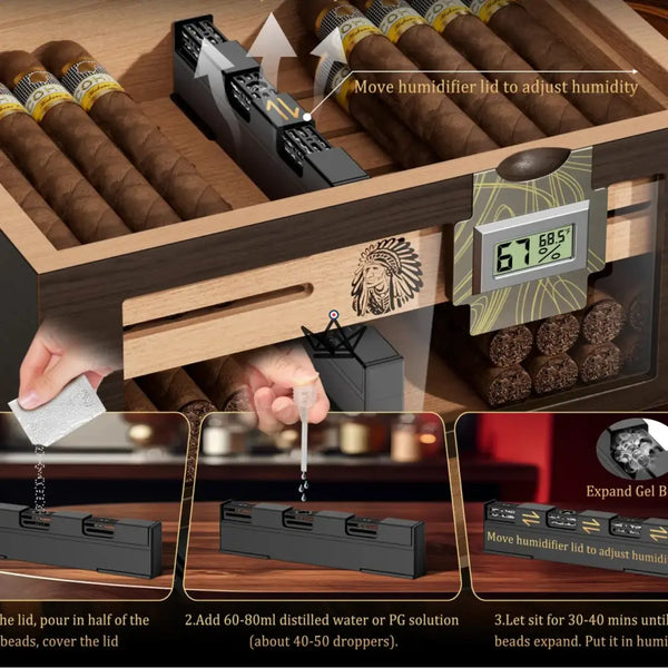 Dominion Heritage Cigar Humidor — Spanish Cedar, Glass Top, 80 Cigars, 2 Digital Hygrometers, 2 Gel Humidifiers & 3 Travel Tubes – 6/8