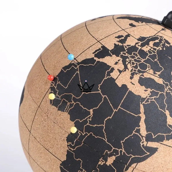 Cork globe with pins on a metal stand, 14.5 cm world map — PÉRIPLE