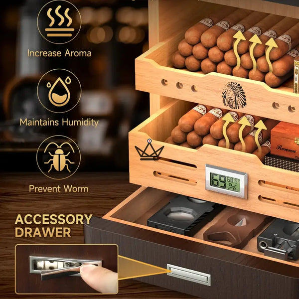 Dominion Legacy Cigar Humidor — Spanish Cedar, Glass Front, 3-Color Touch LED, 100-Cigar Capacity, Digital Hygrometer & 2 Gel Humidifiers – 6/8