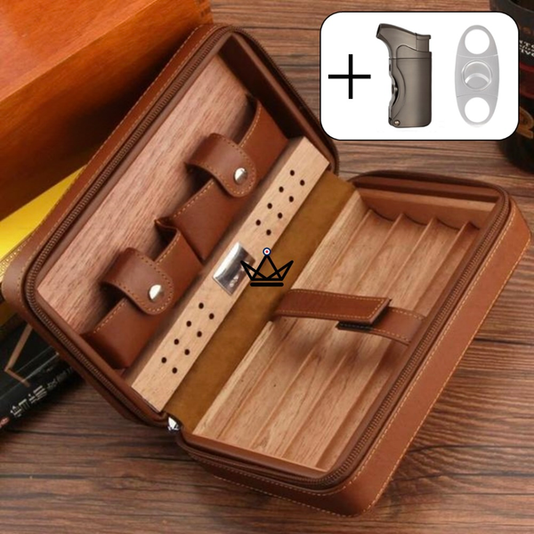 Cave à cigare de voyage en cuir - COHIBA STYLE avec briquet et coupe cigare pack portable luxe cadeau fete des père anniversaire argent vargas marron