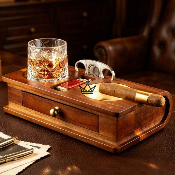 Solid Wood Cigar Ashtray with Whisky Slot and Drawer - Whisky Butler