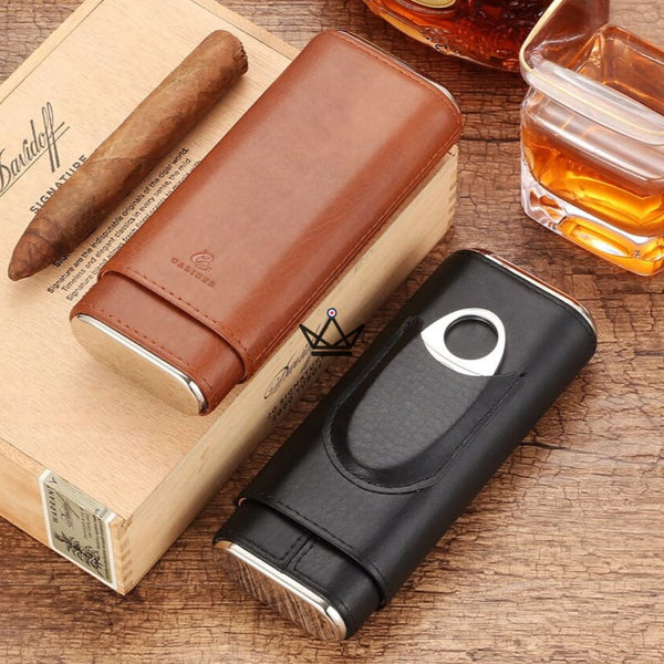 NEBOS Cigar Case – Leather & Cedar, 3-Cigar Capacity, Cigar Cutter Included