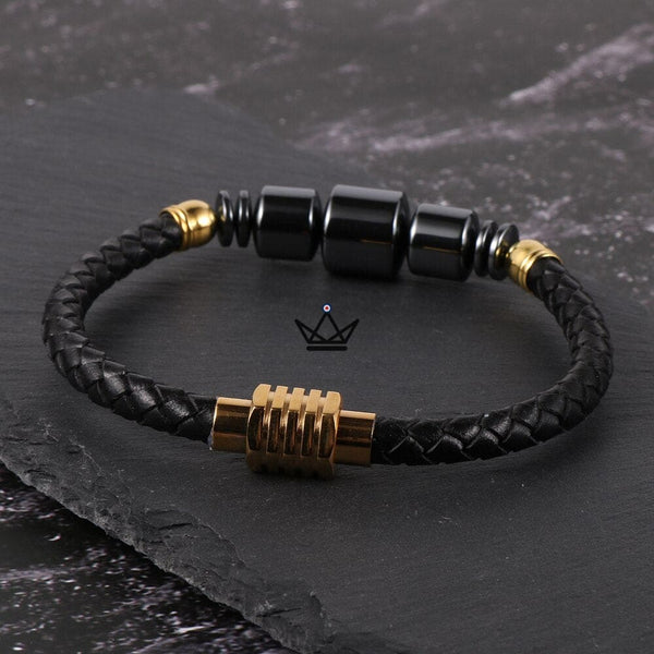 Bracelet en cuir tressé à fermoir magnétique - TITANIUM - - bracelet - Cadeau, Noël, Anniversaire, Original - Atelier Atypique