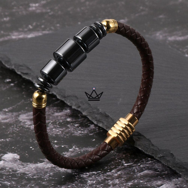 Bracelet en cuir tressé à fermoir magnétique - TITANIUM - - bracelet - Cadeau, Noël, Anniversaire, Original - Atelier Atypique