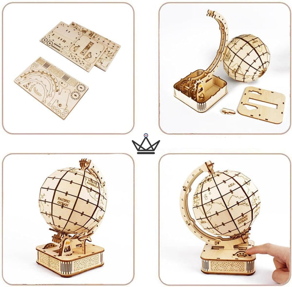 Puzzle 3D en bois globe terrestre sur socle à construire - MÉRIDIEN