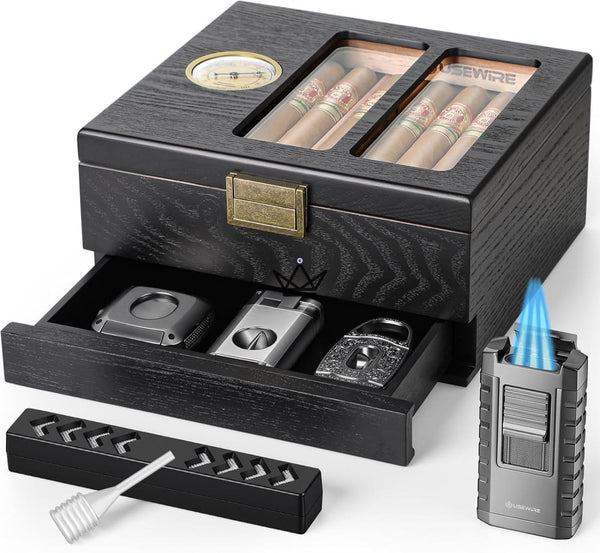 Glass-top cedar cigar humidor with drawer and 3-torch lighter, 20 to 35 cigars — CARTEL – 4/8