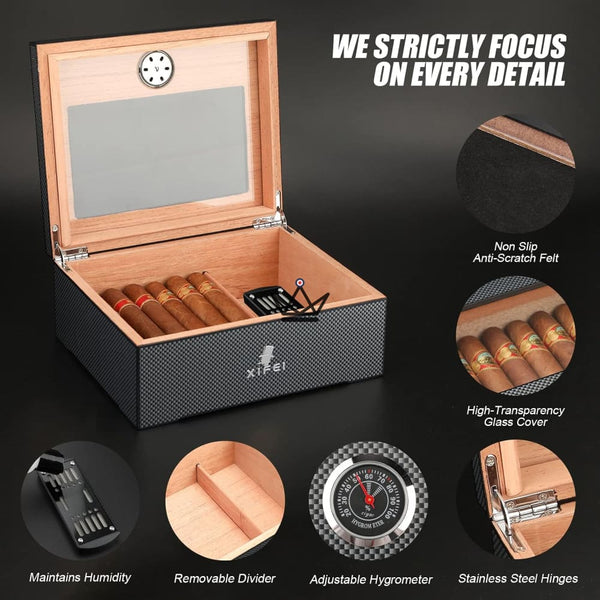Carbon Fiber Cigar Humidor with accessories, 60 cigars - SHADOW PRESTIGE