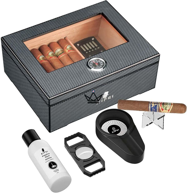 Carbon Fiber Cigar Humidor with accessories, 60 cigars - SHADOW PRESTIGE
