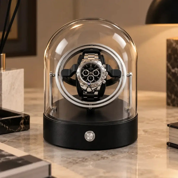 Single watch winder under  a glass dome with gyroscopic rings - ASTROLABE