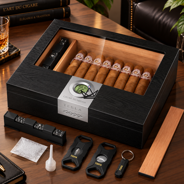 Horizon Linux Cigar Humidor — 25-35 Cigars, Glass Lid