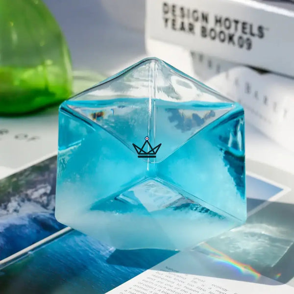 Glass cube storm glass barometer on wooden base - FROST