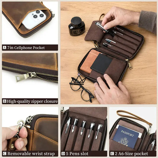 Leather Pocket Organizer - Customizable Pens & Notebooks - VOYAGEUR Plume