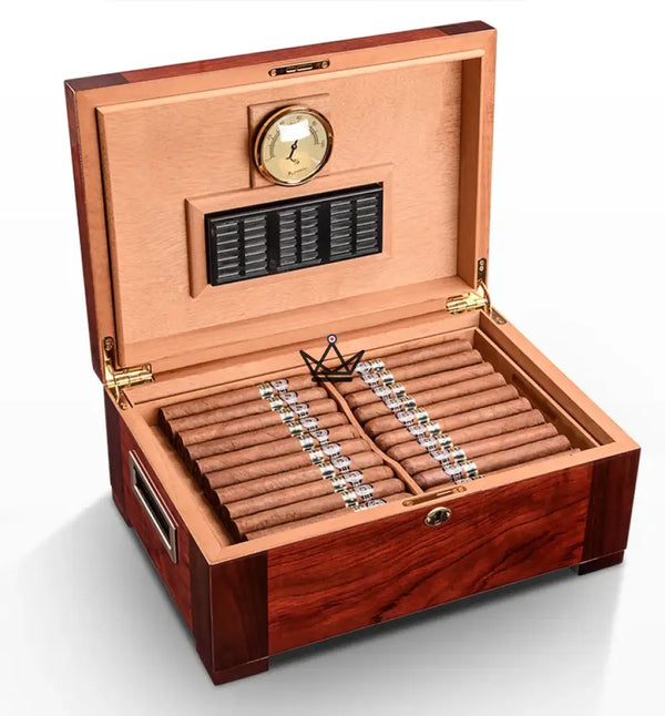 Aura Cedar Humidor — rosewood & abalone, 100 cigars, adjustable cedar dividers, gold lock