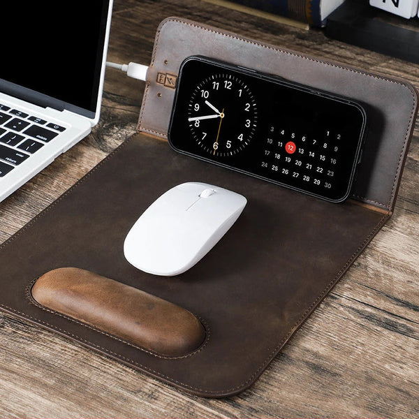 Customizable Leather Mousepad with Wireless Charger - Magellan Traveler