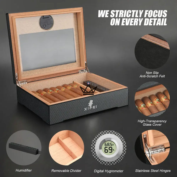 Carbon Fiber Cigar Humidor 25-35 Cigars Glass Top - SHADOW