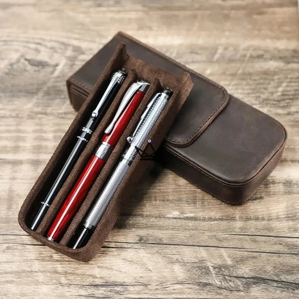 CONTACTS FAMILY Genuine Leather 3 Slots Pen Case With Removable Pen Tray Holder Pencil Case Men Woman Girls Office School Pouch - ["maj-filtre"] -  - Cadeau, Noël, Anniversaire, Original, Fête des pères, fête des mères - Atelier Atypique