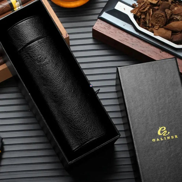 ORBAL Edition Travel Humidor — Cylindrical, Genuine Leather & Cedar, 5 to 10 Cigars, Black or Brown