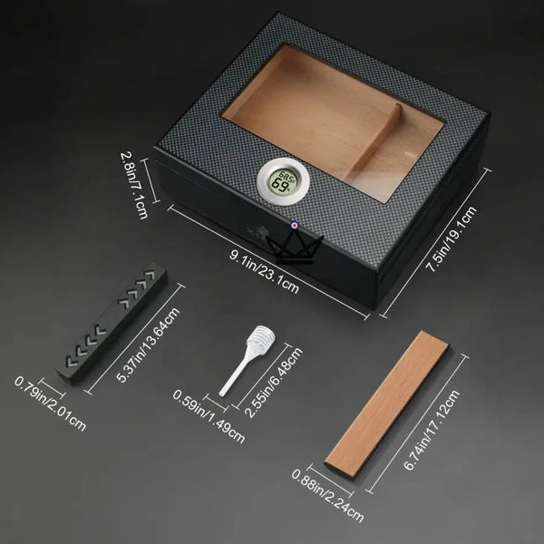 Carbon Fiber Cigar Humidor 25-35 Cigars Glass Top - SHADOW