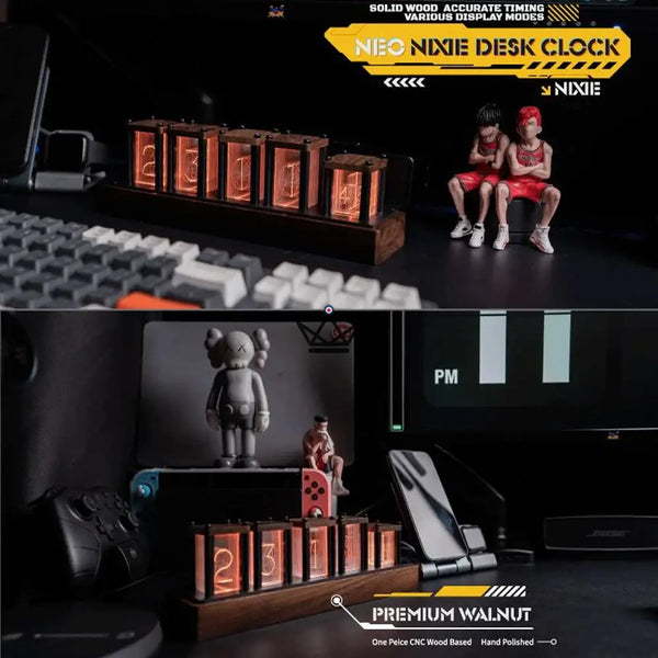 Horloge effet Nixie RVB en bois massif à monter, 6 tubes - FILAMENT - ["maj-filtre","Objets Scientifiques"] - Objets Scientifiques - Cadeau, Noël, Anniversaire, Original, Fête des pères, fête des mères - Atelier Atypique