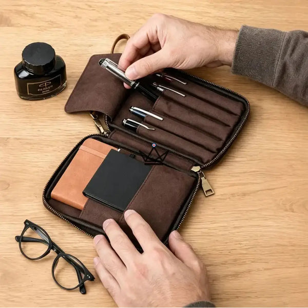 Leather Pocket Organizer - Customizable Pens & Notebooks - VOYAGEUR Plume